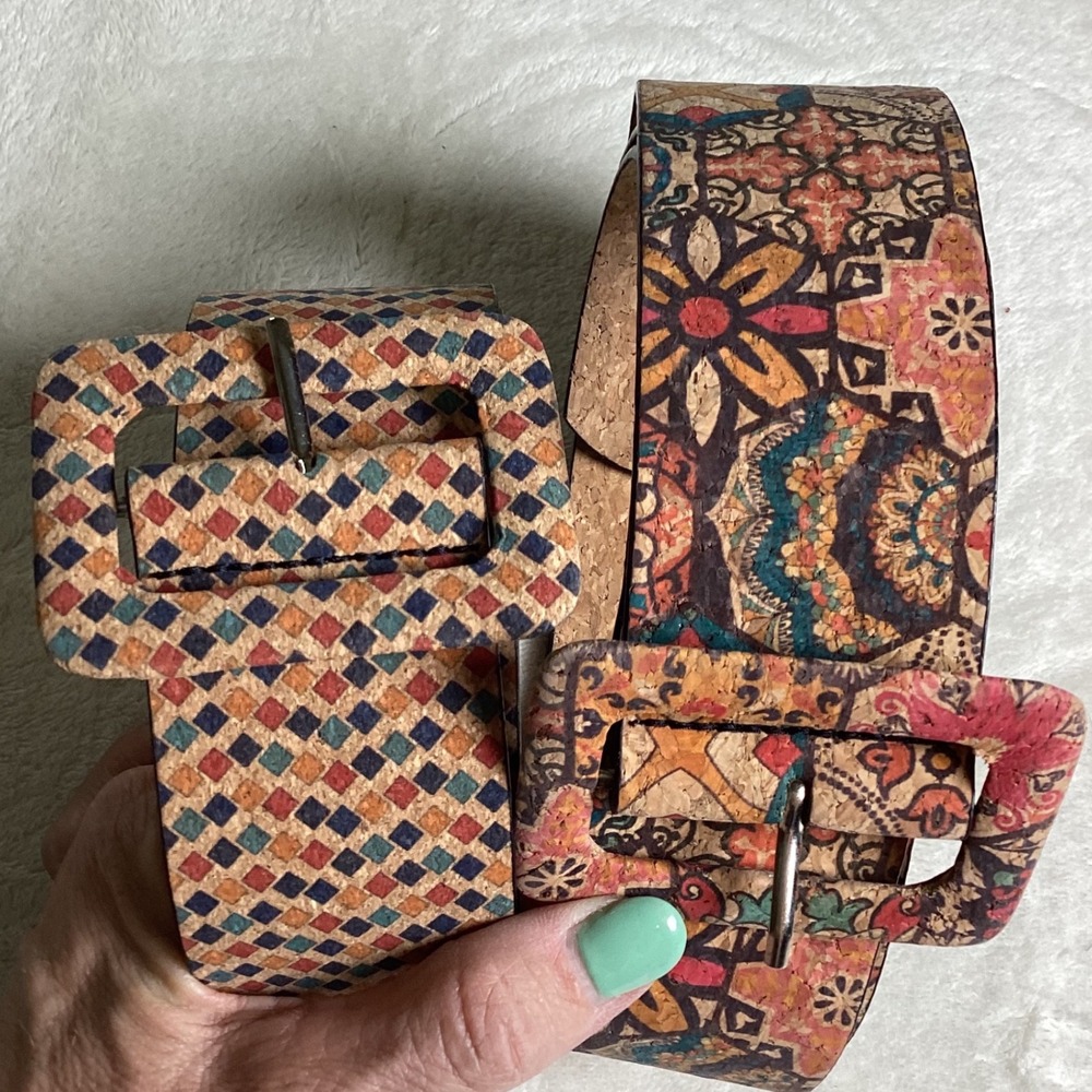 Set of 2 Cork Belts Bohemian Mandala & Geometric Diamond Print Wide Waist Belts